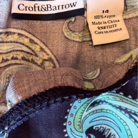 Croft & Barrow Blue Peacock Paisley Print Skirt Side Zipper 100% Rayon Size 14 - Picture 3 of 4